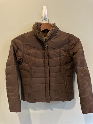 Eddie Bauer Brown Goose Down Puffer Jacket Fur Trim Collar size Medium Brown