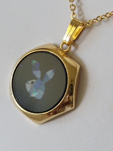 1970'S ICONIC PLAYBOY BUNNY LOGO FIRE OPALS ONYX HEAVY 14K GOLD PLATED 18" CHAIN - Picture 9 of 10