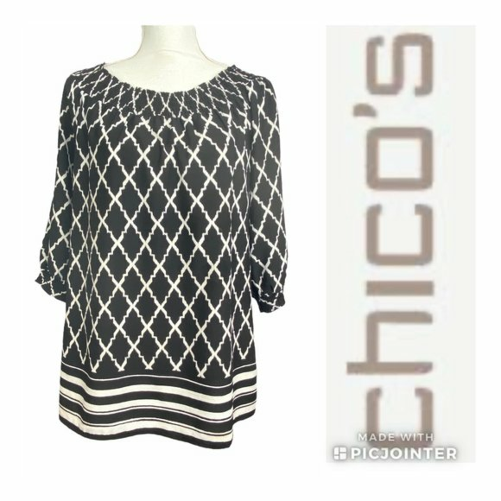 Chico's Smocked Neck Blouse Black White Size S Size 1 Off The Shoulder