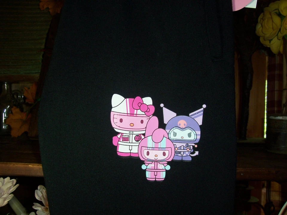 PANTALONES DE SALÓN PARA MUJER HELLO KITTY JOGGERS NEGROS TALLA PEQUEÑA CORDÓN CINTURA ELÁSTICA Foto 3 de 3