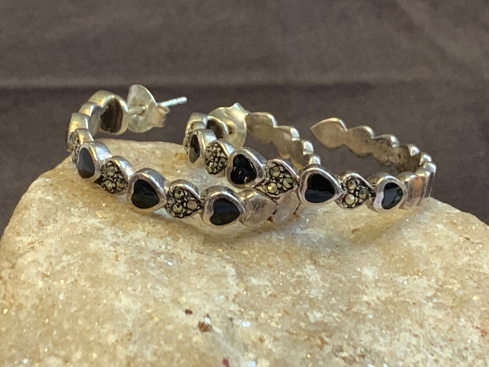 Sterling Silver Earrings 9.73g Jewelry Black Ston… - image 1