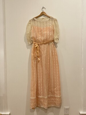 Vintage Short Sleeve Beige Lace Pink Slip Dress Size 10 Clark Zipper C17 |  eBay