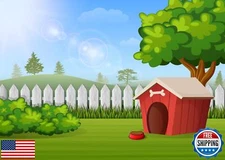 CORFOTO Fabric 7x5ft Outdoor Red Doghouse Backdrop Cartoon Farm Fence Dog Hou