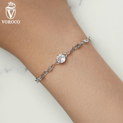 VOROCO Women 925 Sterling Silver Glitter Zircon CZ Bracelet Chain Jewelry Women - Picture 2 of 17