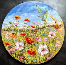 ORIGINAL OIL impasto Painting  Landscape WILDFLOWERS Circle 10"x 10" by O. Diduh