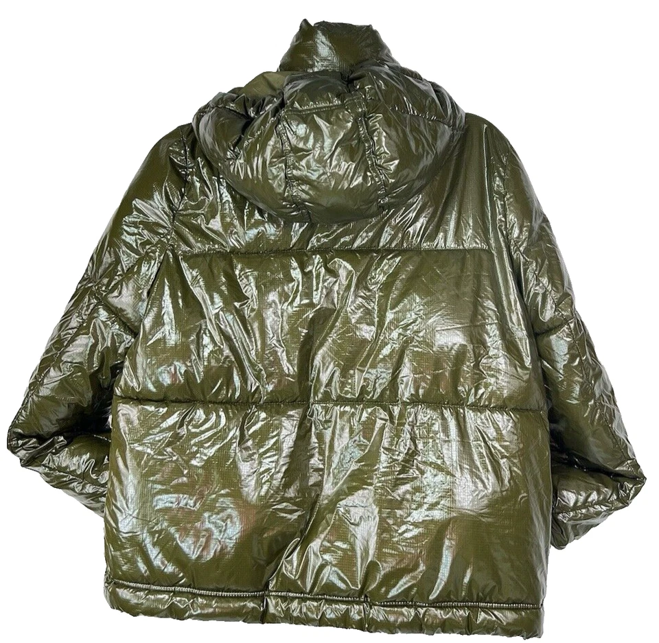 Gap Fit Puffer Jacket Womens Small Shiny Nylon Olive Green Short Hooded Coat - Image 2 of 4