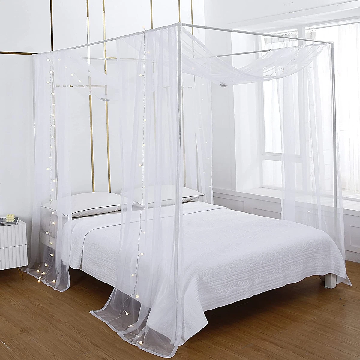 Metal canopy bed with curtains deals