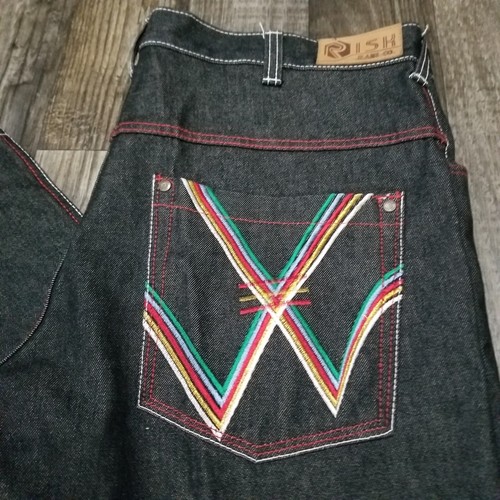 Risk Jeans Embroidered Back Pockets Men Black Denim Street Knowledge 40x32 Skate - Picture 3 of 20