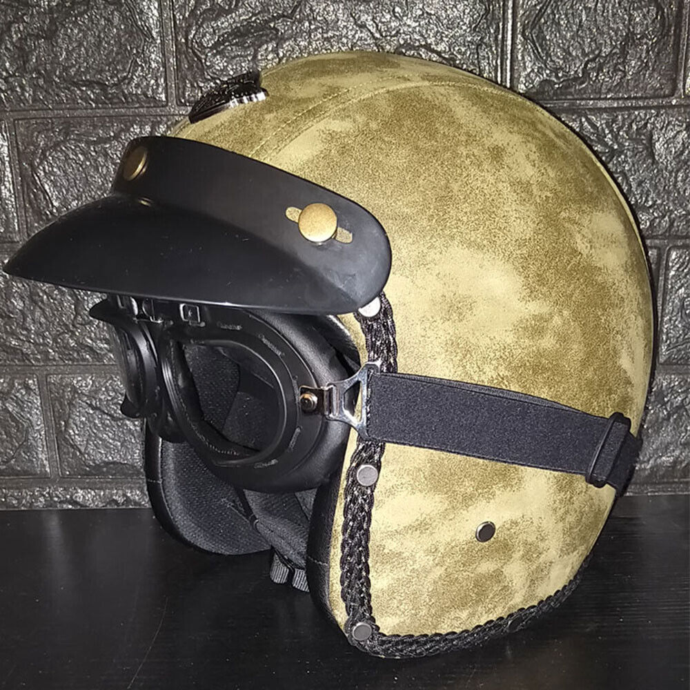 Vintage Motorcycle Helmet Open Face 3/4 Deluxe Leather with Face