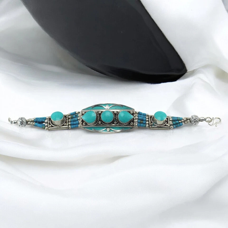 Handmade Turquoise Bracelet 925 Sterling Silver Multi Strand Beaded Adjustable - Image 4 of 4