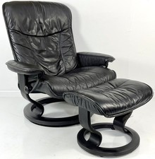 Ekornes Stressless Large "President" Black Leather Swivel Recliner Chair Ottoman