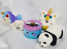 Squishy 4 Pack Stress Reliever Toy Animals Unicorn, Cake, Unicorn Donut, Panda