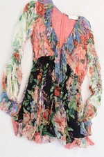 Zimmermann Floral Silk Mini Dress Ruffle Long Sleeve Pink Black UK8 EU36