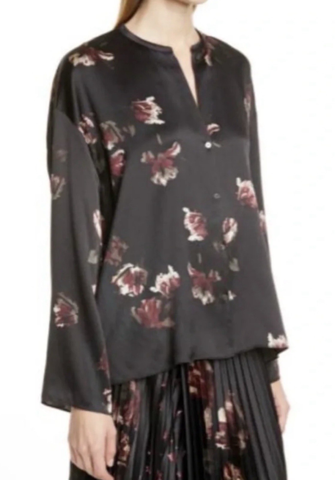 Vince 100% Silk Women's Tulip Black Floral Button Down Shirt Size XL Collarless