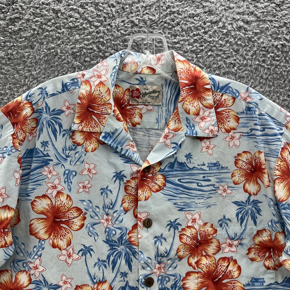 Camisa Hilo Hattie Para Hombre Mediana Azul Naranja Hibisco Tropical Aloha Hecha en Hawai Foto 2 de 4