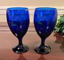 2 Libbey PREMIERE COBALT Blue 7  1/8" Footed Iced Tea Goblet Glass 16 oz.
