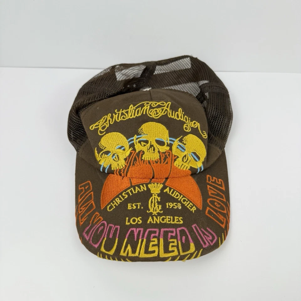 Christian Audigier Sombrero Bordado Snapback Gorra Camionero Marrón Calaveras Love LA Foto 2 de 4