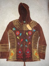 Womens Kathmandu Import Zip Up Brown Hoody Size S Embroidered Flower Bird