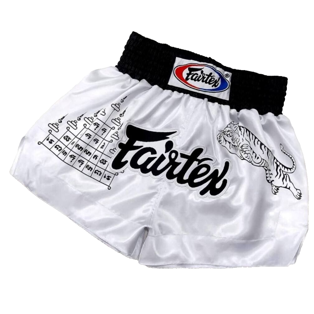 SHORTS FAIRTEX MUAY THAI FIGHT KICK BOXING MMA TIGER WHITE ADULT M SATIN BS0637-image