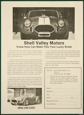 Shell Valley Motors Shelby Cobra Kit Car Vintage Pictorial Article 1985
