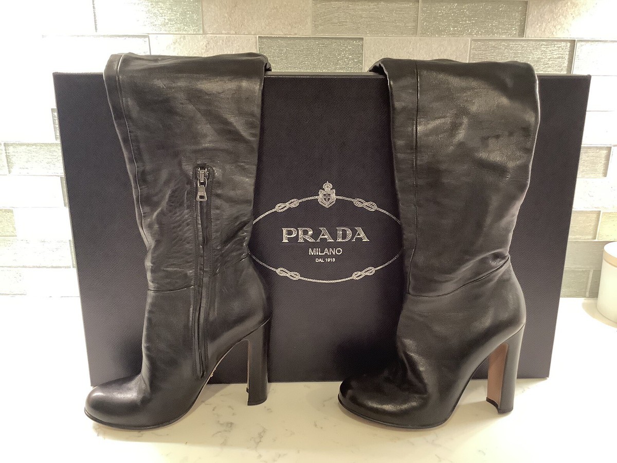 Prada Over The Knee Thigh High Boots Leather Black Size 6.5 | eBay