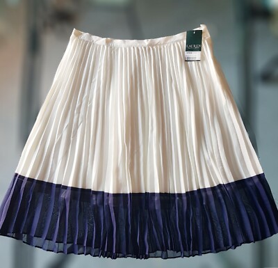 NEU RALPH LAUREN Damen Blau Weiß Chiffon Farbblock Plisse Rock 40