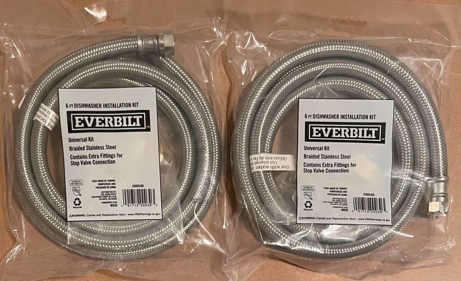 2 Packs Everbilt 6Ft DISHWASHER Installation KIT 69005HD Braided