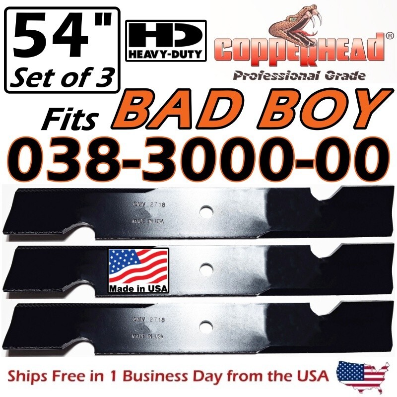 3 High Lift Lawn Mower Blades - Fits Bad Boy 038-3000-00 For 36" / 54" Decks - Rotary Brand Replacement