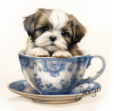 Watercolor Shih Tzu in a teacup Painting Art Print