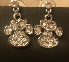 Paw Print CZ Earrings Clear Silver-tone dangle Dog Cat