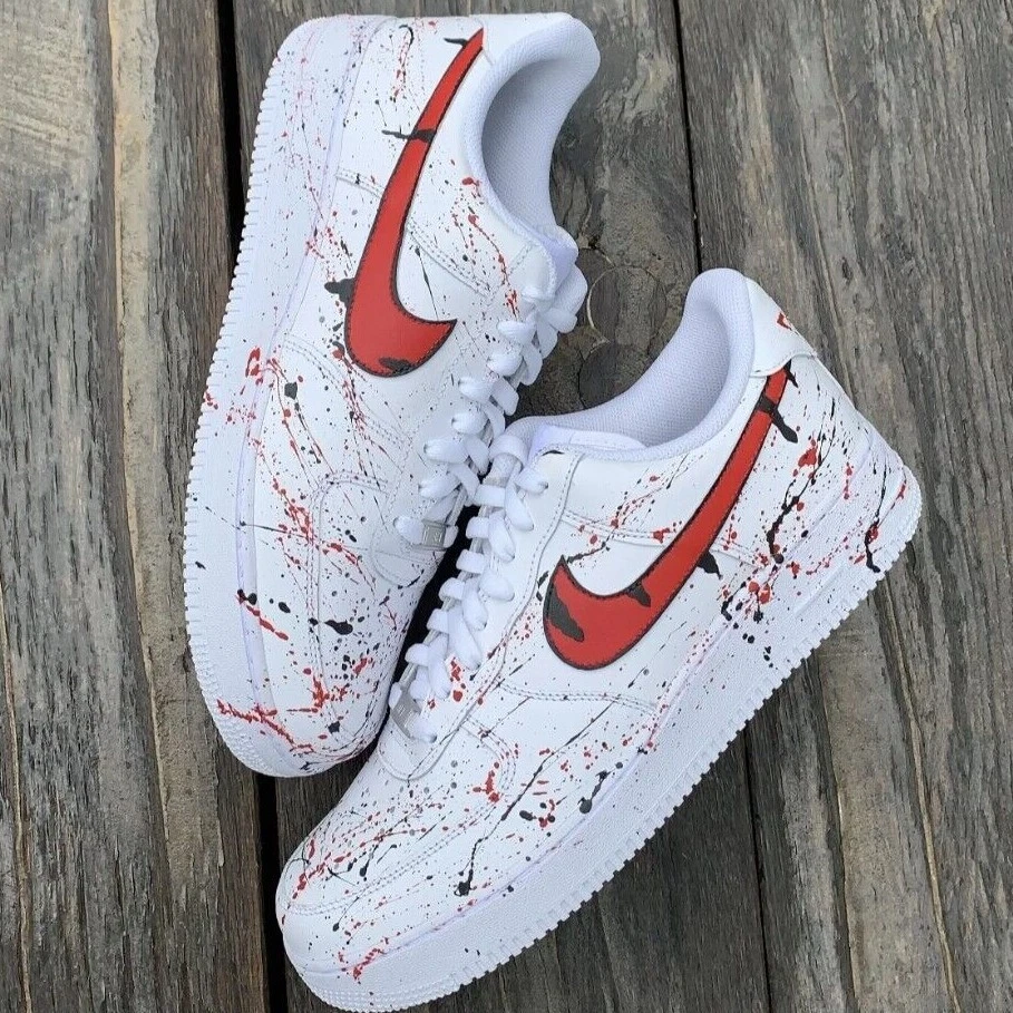 Nike ? Air Force 1 Custom Red Drip ? Swoosh White Shoes All Sizes Men Women & Kids