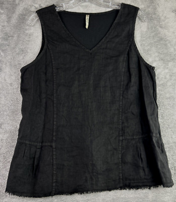XCVI Top Women Small Black Linen Cotton Tank Blouse Raw Hem V Neck Summer NWOT