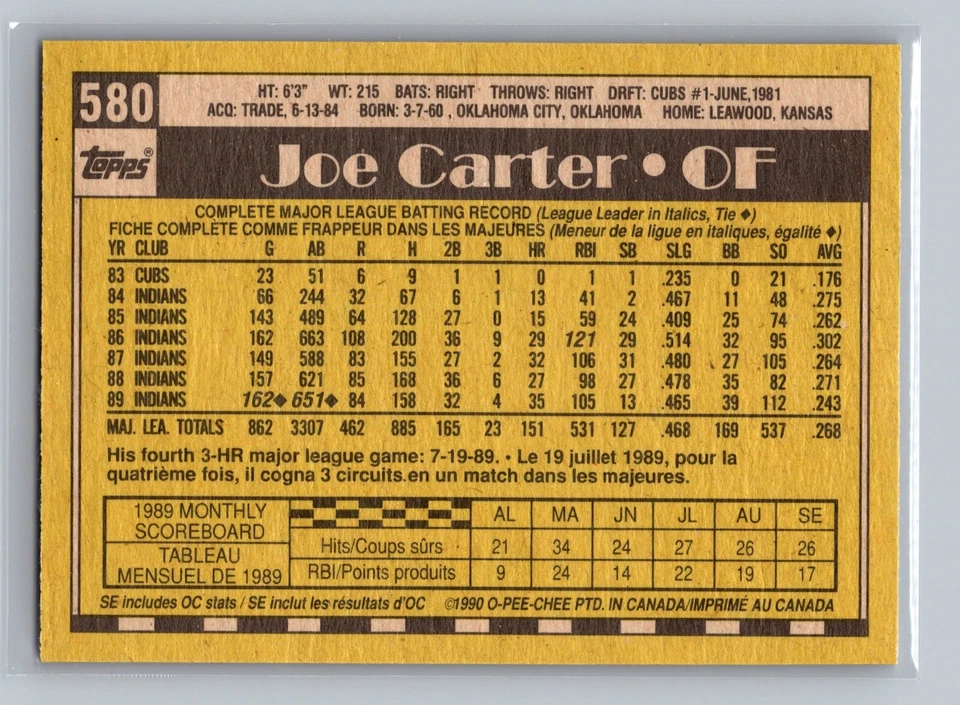 1990 O-Pee-Chee Joe Carter #580 - Cleveland Indians - Canadian/French - Image 2 of 2