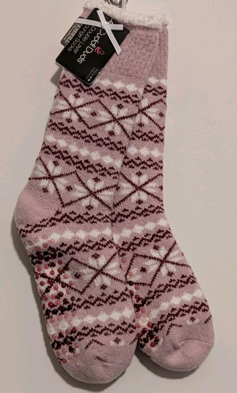 SAOLA CUDDL DUDS Calze da salotto doppio strato suola peluche pinza rosa fiocco di neve 4 10