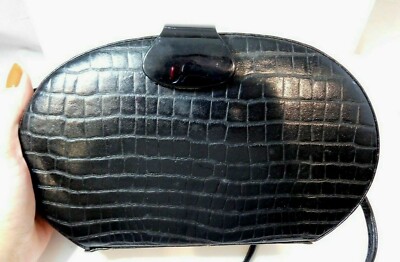 Vtg Aspects Schwarz Leder Krokodil Muster Schultertasche Band Weithals Clutch