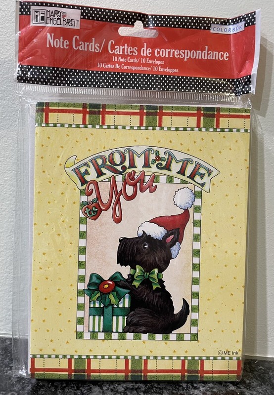 10 Mary Engelbreit Christmas Note Cards w/Envelopes Scottie Dog/Santa Hat & Gift
