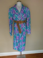 Vintage Katie Lewis Shirt Dress Turquoise Aqua Blue Purple Tulip Flower Long