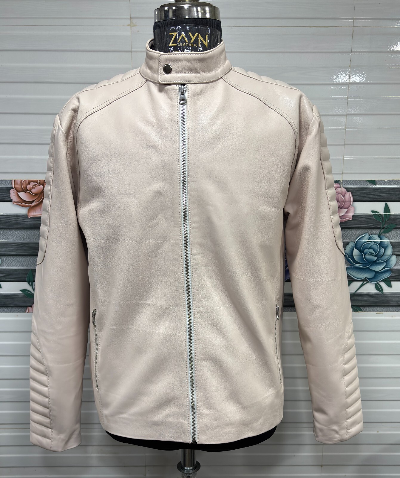 Cappotto biker da uomo in vera pelle di agnello avorio