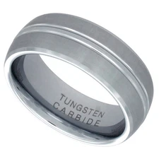8mm Tungsten Wedding Band Ring Convex Grooved Center, Beveled Edges Satin Finish