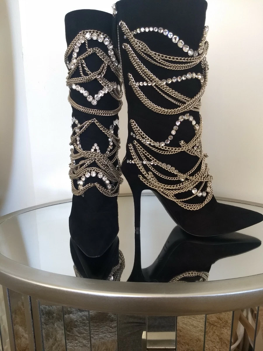 Zanotti Notte 105 Women Black Rhinestone Chain Boots 36.5 eBay