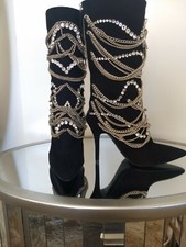 Giuseppe Zanotti Notte 105 Tubo Women Black Rhinestone Chain Boots 36.5 Nwt