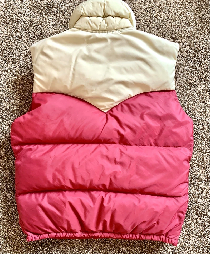 Vtg 70s Mens DOWN Puffer VEST M Red Cream Two Tone Button Up Western USA - Image 4 of 4