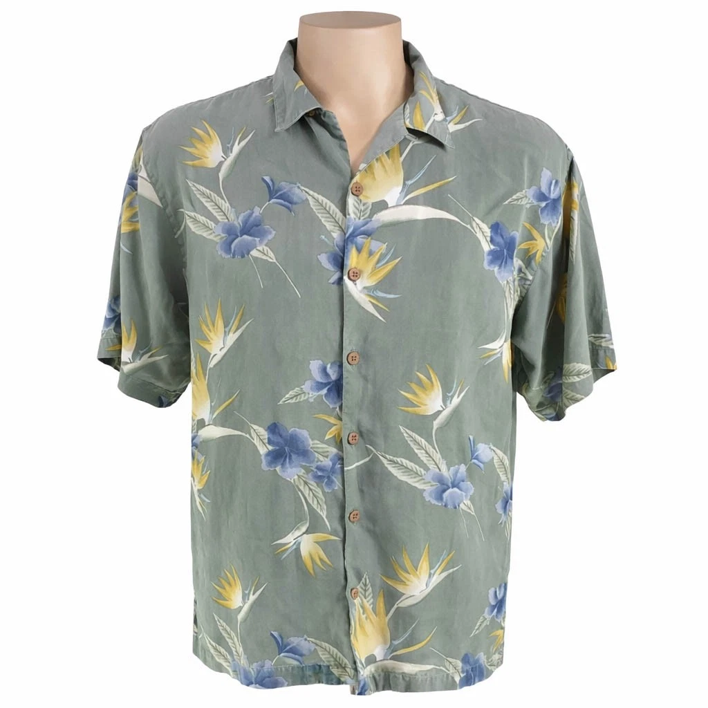 Tommy Bahama Hawaiian Aloha Shirt Large Bird Of Paradise Pale Olive-Green