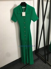 Sandro Women Summer Short Sleeve Elegant Green Lapel Knitted Long Dress