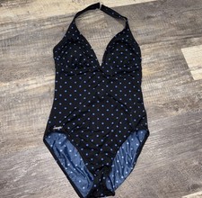 Speedo One Piece Bathing Suit Size 10 Girls Black Blue Polka Dots