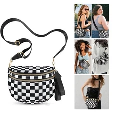 Spacious Checkered Nylon Crossbody Bag Bum Bag Checkered Handbags Wallets Black