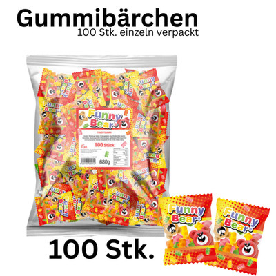 100 Stück Gummibärchen Funny Bear Fruchtgummi Mix einzeln verpackt Großpackung
