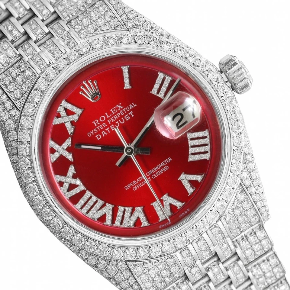 Reloj Rolex para hombre Datejust 36 mm helado completamente cargado diamantes esfera romana roja