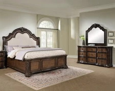 Formal Regal 3pc King Bed Set Ornate Detailing Intricate Carvings Marble Tops