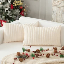 Set of 2 Oblong Pillow Covers Christmas Plush Striped Corduroy Velvet Rectangula